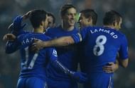 Chelsea's Fernando Torres (C) celebrates after scoring during the League Cup match against Leeds on December 19, 2012